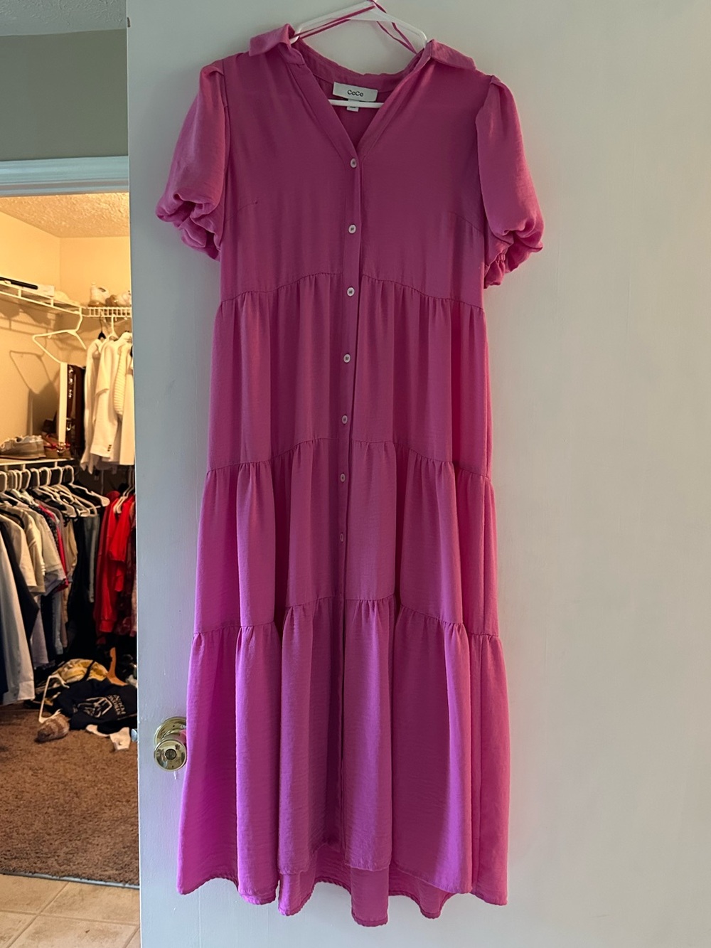 CeCe Bright Pink Tiered Button-Front Midi Dress